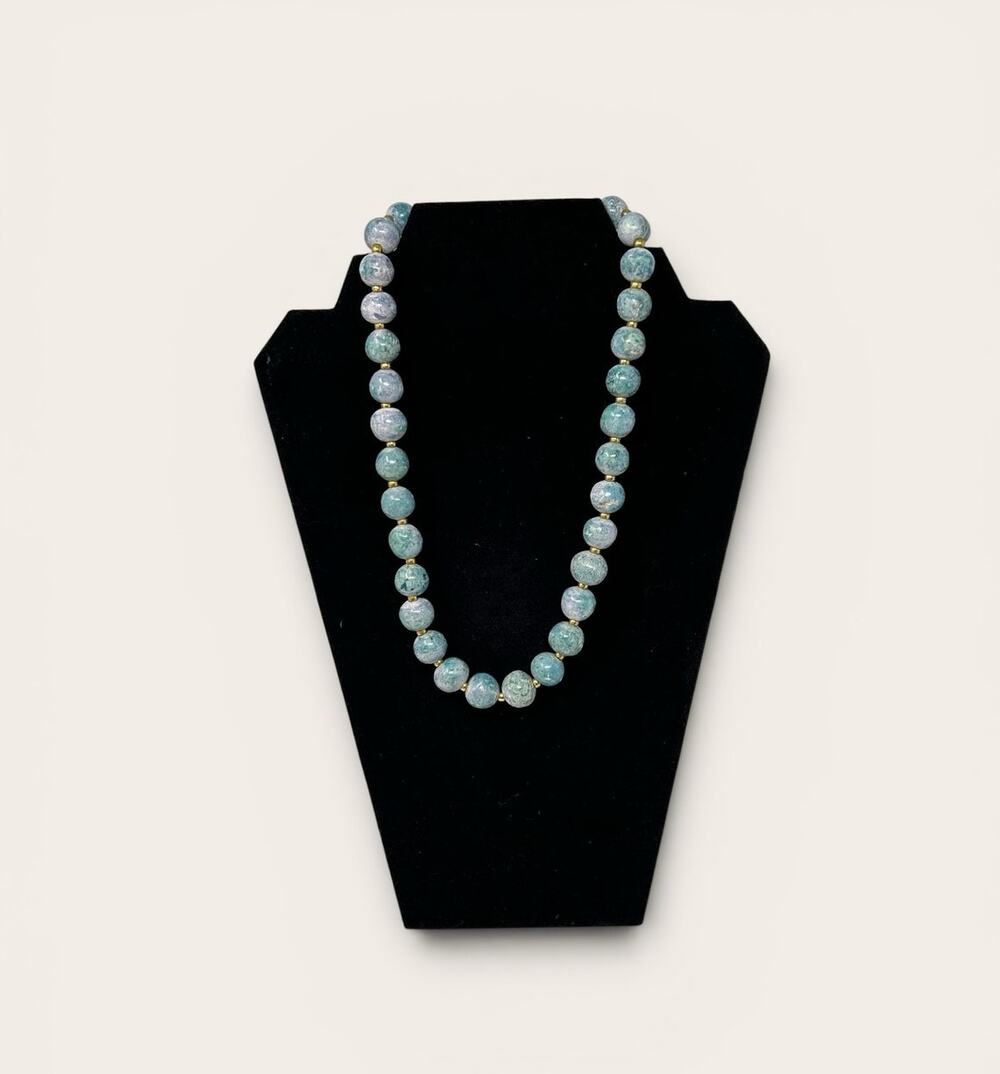 VTG Jewelry Necklace Chunky Speckled Teal Blue White Beads Brass Tone Beads